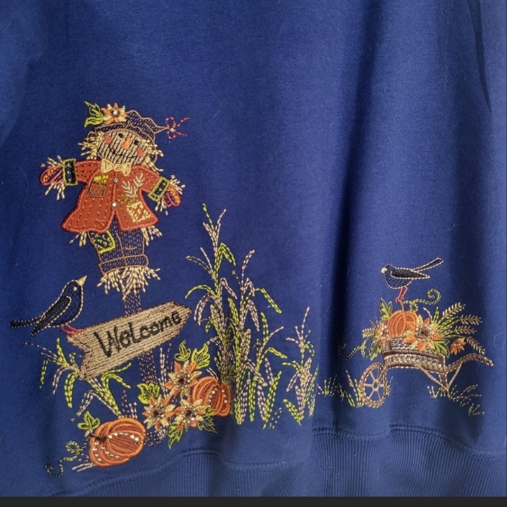 Vintage 90s Alfred dunner fall embroidered sweatershirt with scarecrow Design